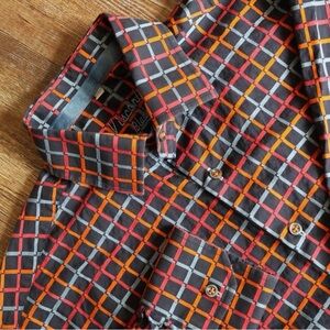 Visconti Black Colorful Dress Shirt Check Navy Electric Orange Mens Size M